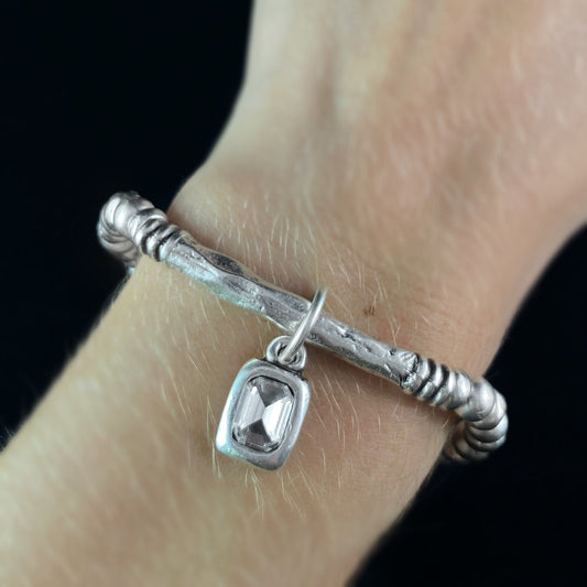 Silver Beaded Bracelet with Clear Crystal Charm, Handmade, Nickel Free