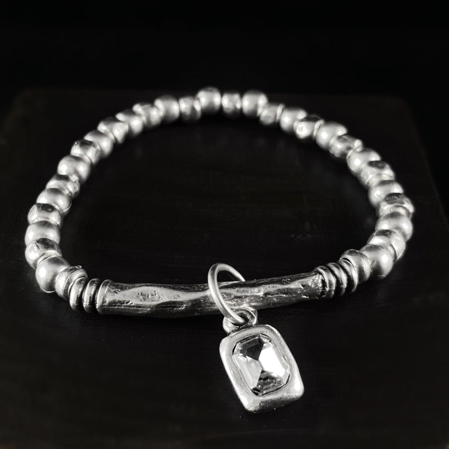 Silver Beaded Bracelet with Clear Crystal Charm, Handmade, Nickel Free