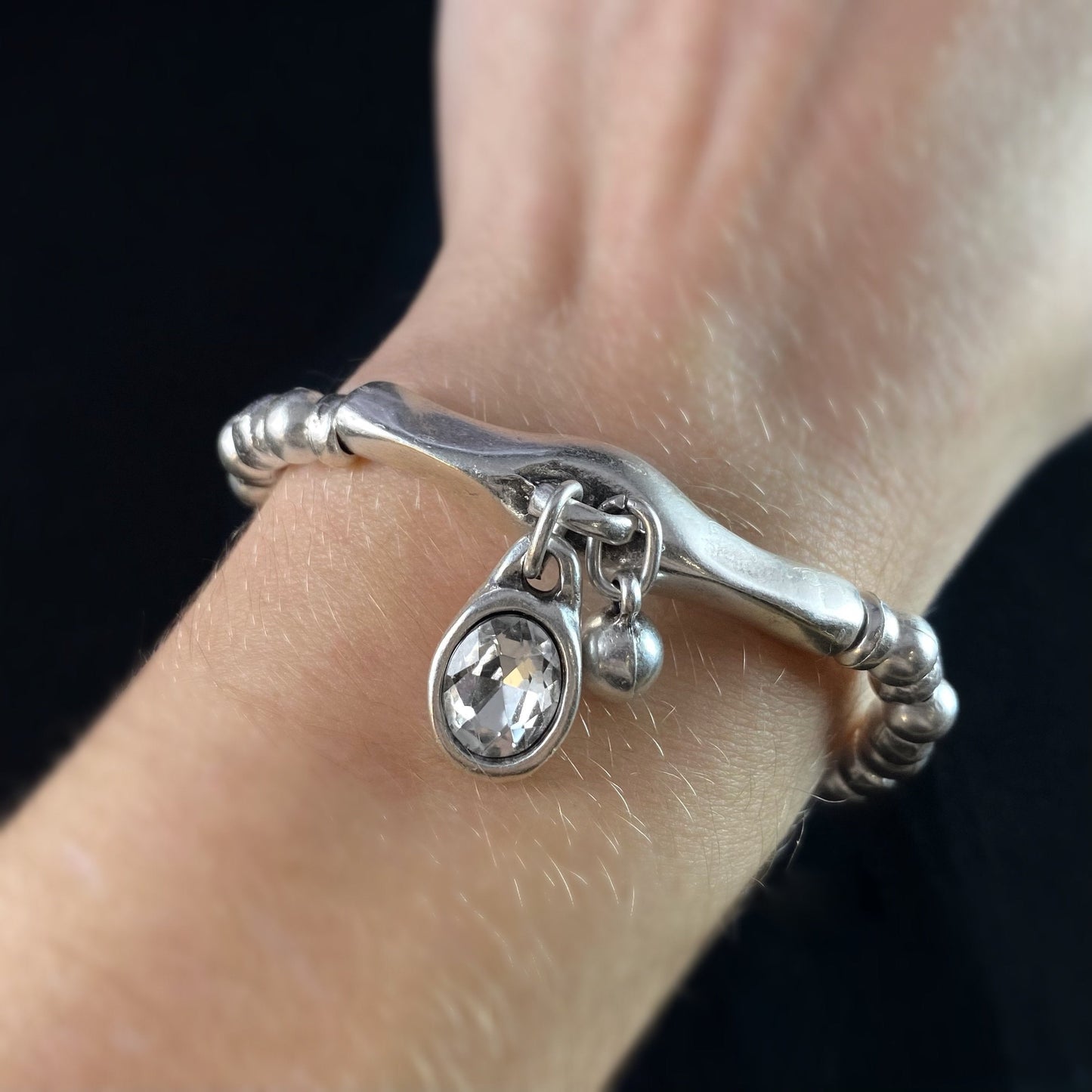 Silver Beaded Bracelet with Clear Crystal, Handmade, Nickel Free