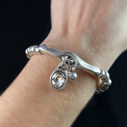Silver Beaded Bracelet with Clear Crystal, Handmade, Nickel Free