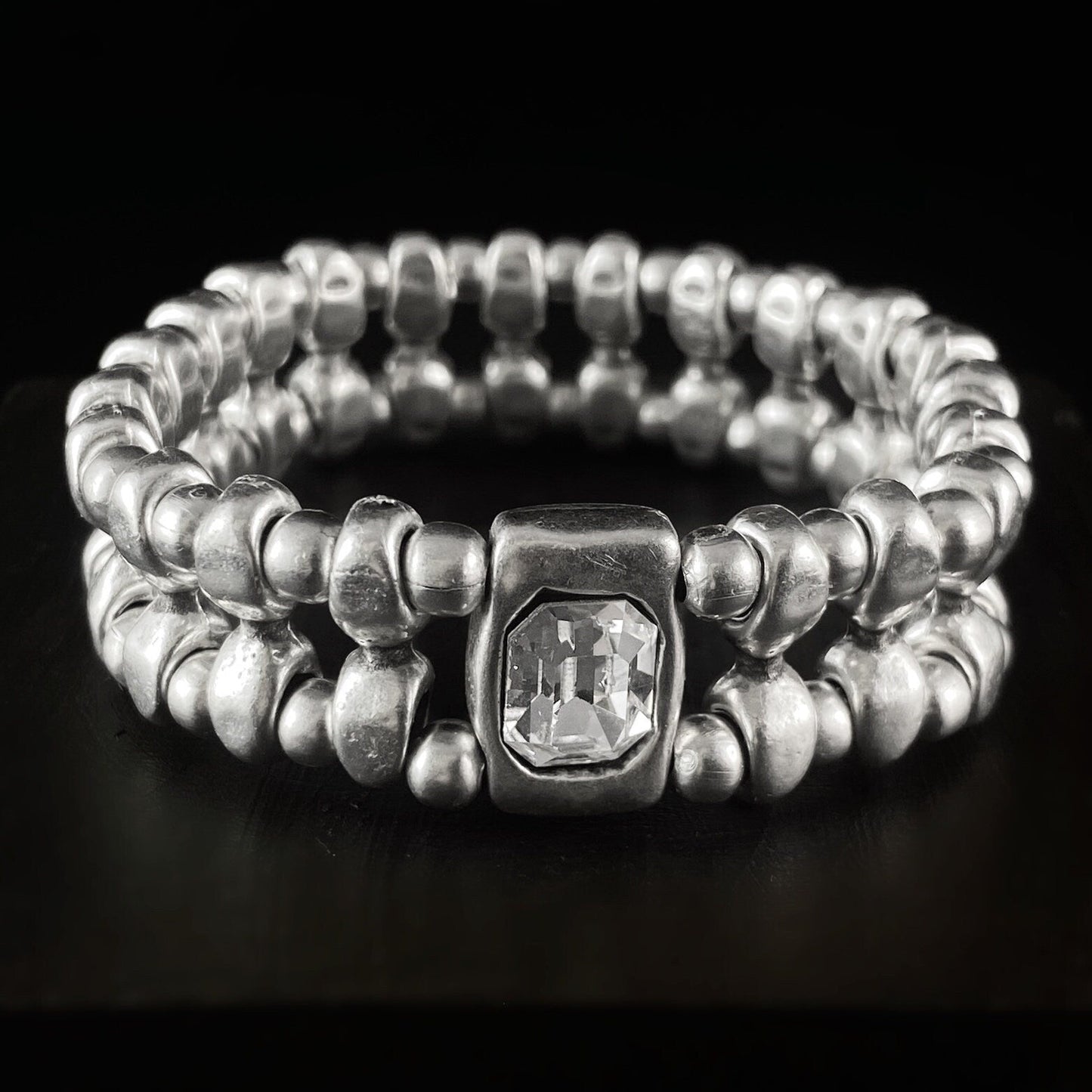Silver Beaded Bracelet with Clear Crystal, Handmade, Nickel Free - Noir
