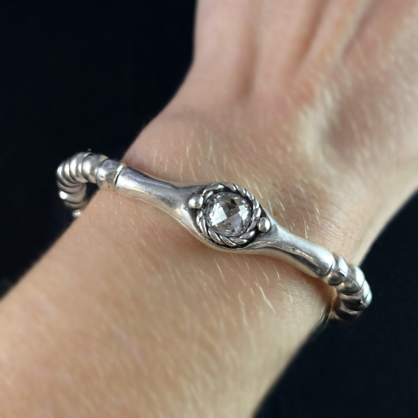 Silver Beaded Bracelet with Clear Crystal, Handmade, Nickel Free