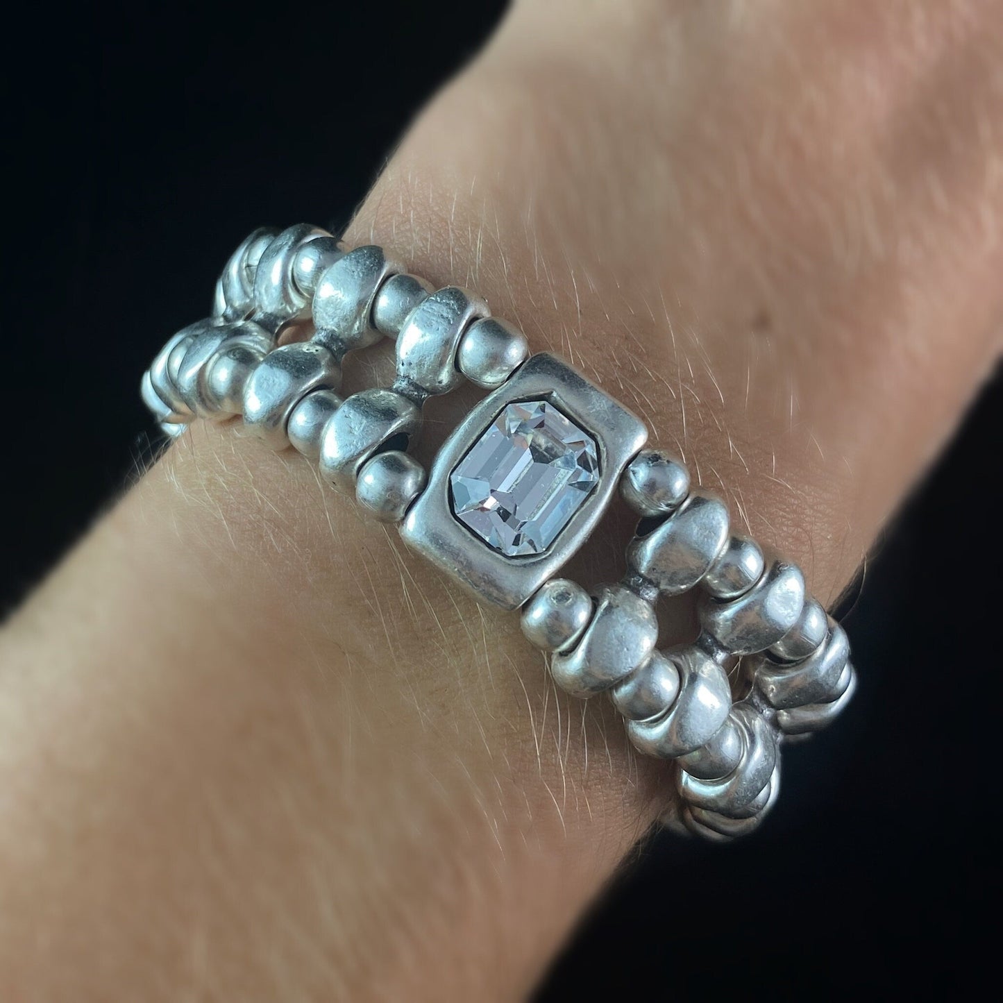 Silver Beaded Bracelet with Clear Crystal, Handmade, Nickel Free - Noir