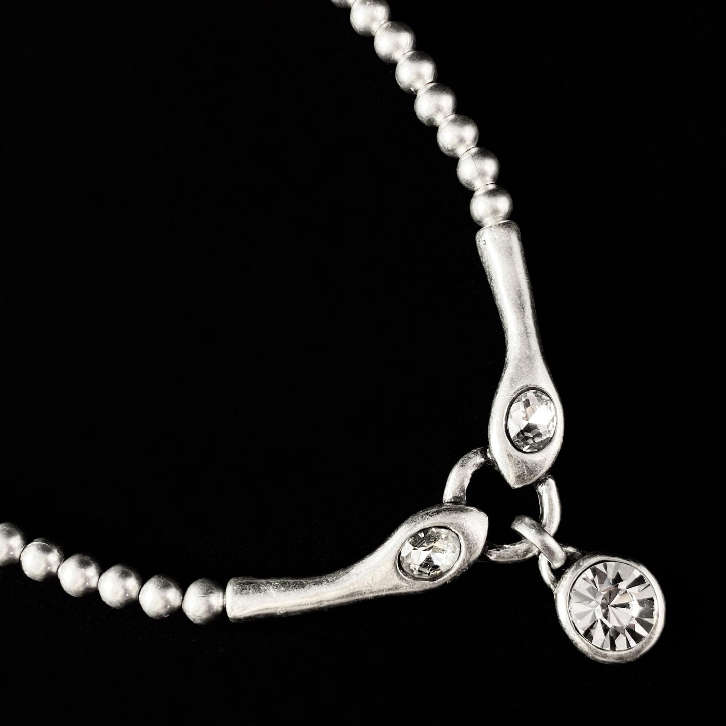 Silver Beaded Necklace with Clear Crystal Pendant, Handmade, Nickel Free - Noir