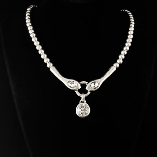 Silver Beaded Necklace with Clear Crystal Pendant, Handmade, Nickel Free - Noir