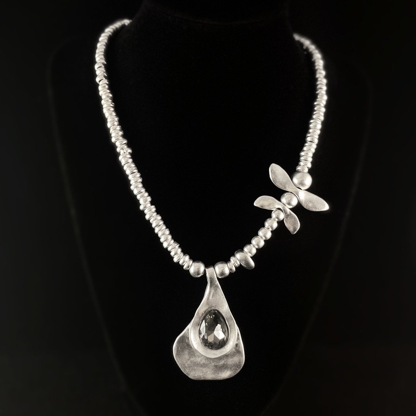 Silver Beaded Necklace with Dragonfly Accent and Clear Crystal Pendant, Handmade, Nickel Free - Noir