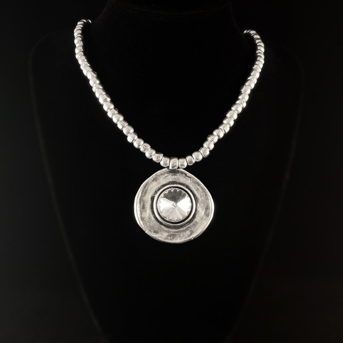 Silver Beaded Necklace with Large Clear Crystal Pendant, Handmade, Nickel Free