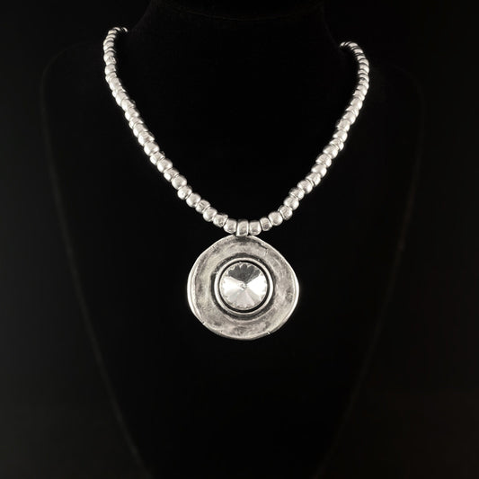Silver Beaded Necklace with Large Clear Crystal Pendant, Handmade, Nickel Free