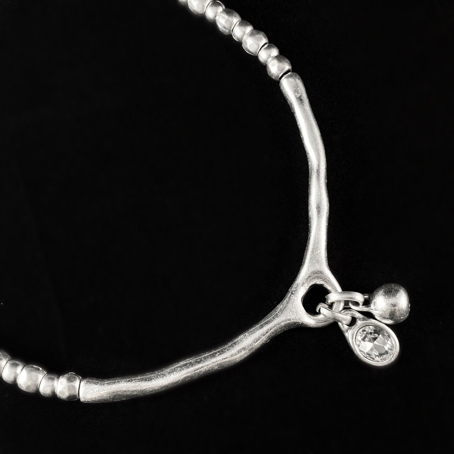 Silver Beaded Necklace with Large Wishbone Crystal Pendant, Handmade, Nickel Free