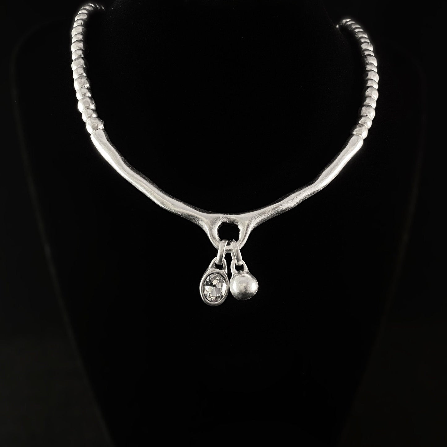 Silver Beaded Necklace with Large Wishbone Crystal Pendant, Handmade, Nickel Free