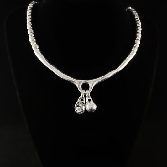 Silver Beaded Necklace with Large Wishbone Crystal Pendant, Handmade, Nickel Free