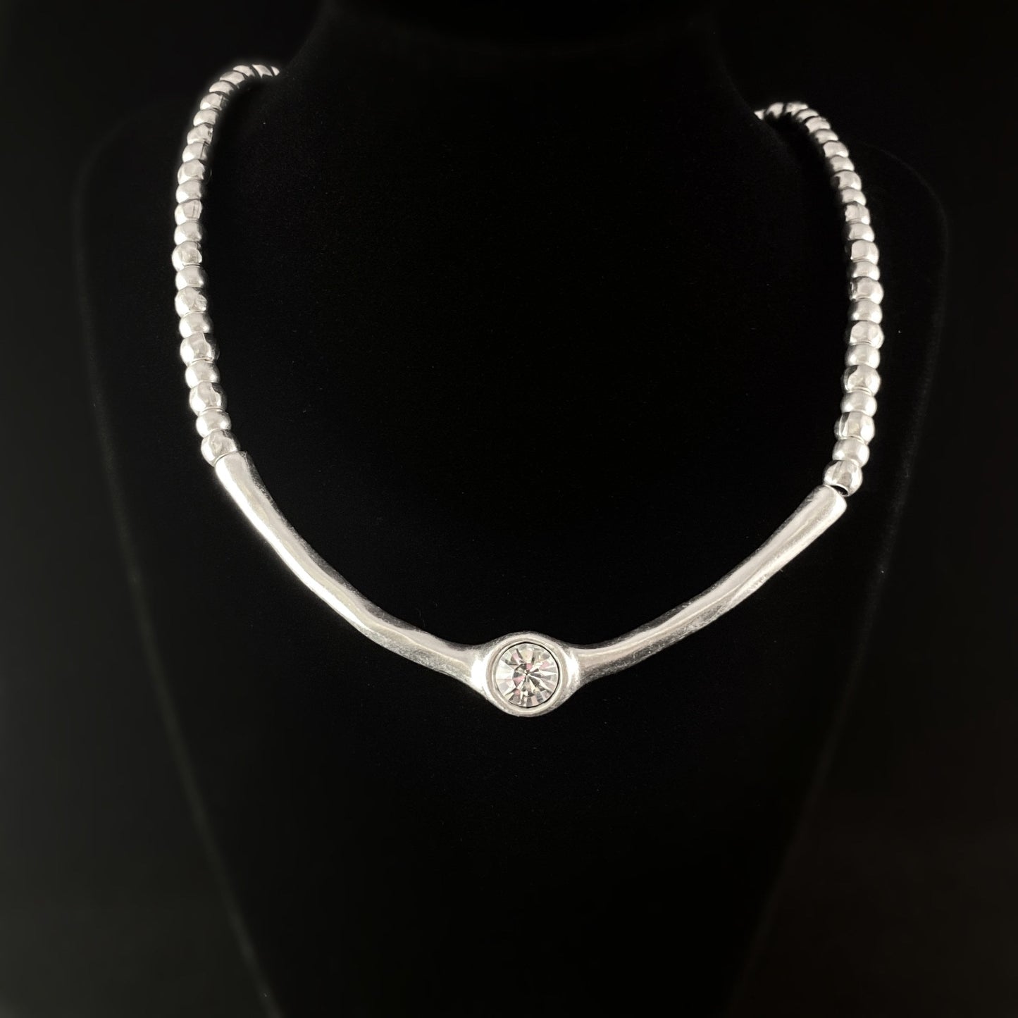 Silver Beaded Necklace with Large Wishbone Crystal Pendant, Handmade, Nickel Free