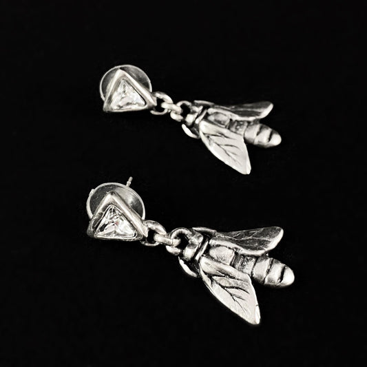 Silver Bee Earrings with Clear Crystals, Handmade, Nickel Free - Noir