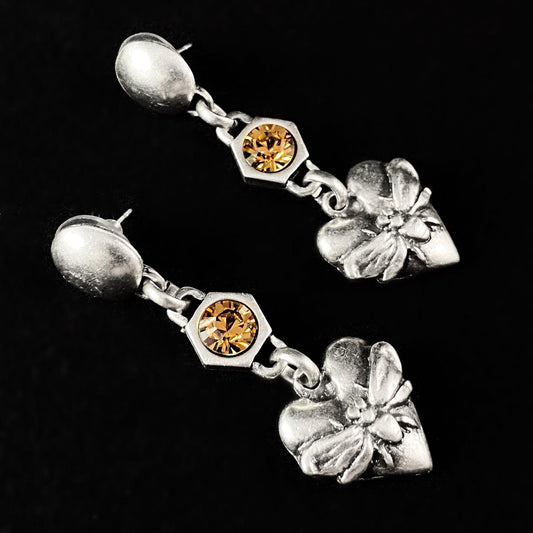 Silver Bee Heart Drop Earrings with Orange Crystal, Handmade, Nickel Free - Noir