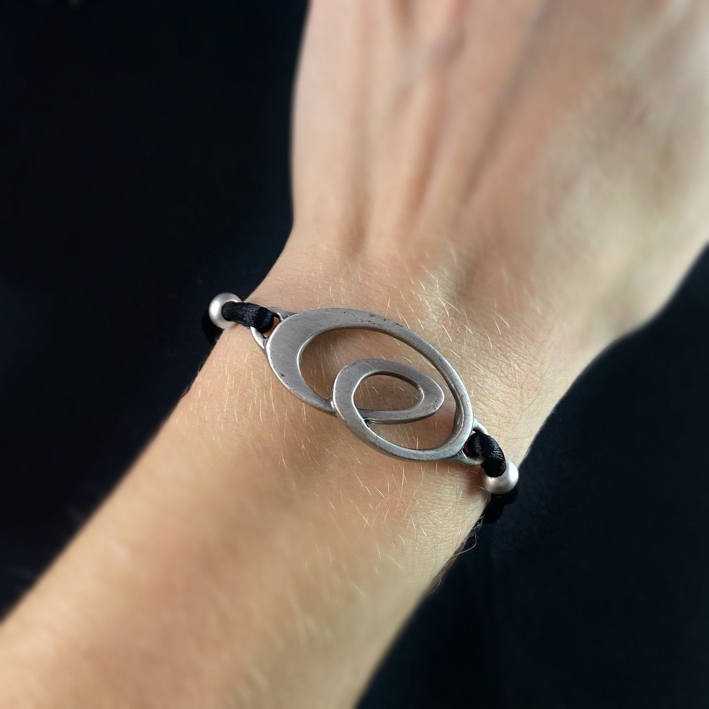 Silver Bracelet with Black Cord, Handmade Nickel Free