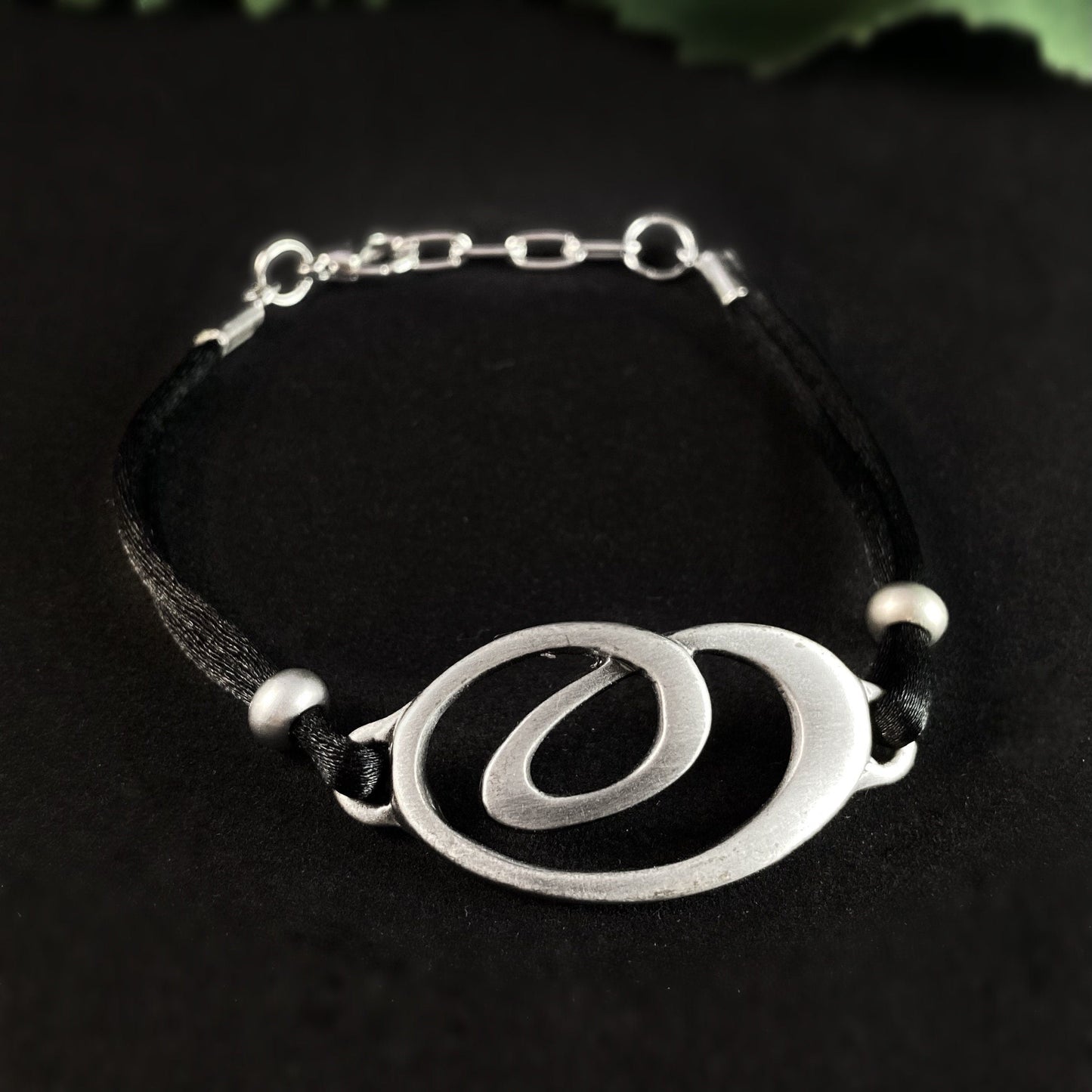 Silver Bracelet with Black Cord, Handmade Nickel Free