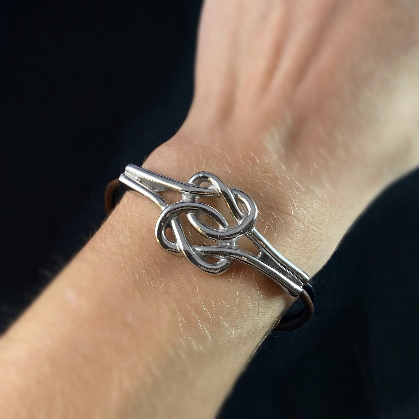 Silver Bracelet with Leather Cord, Handmade Nickel Free