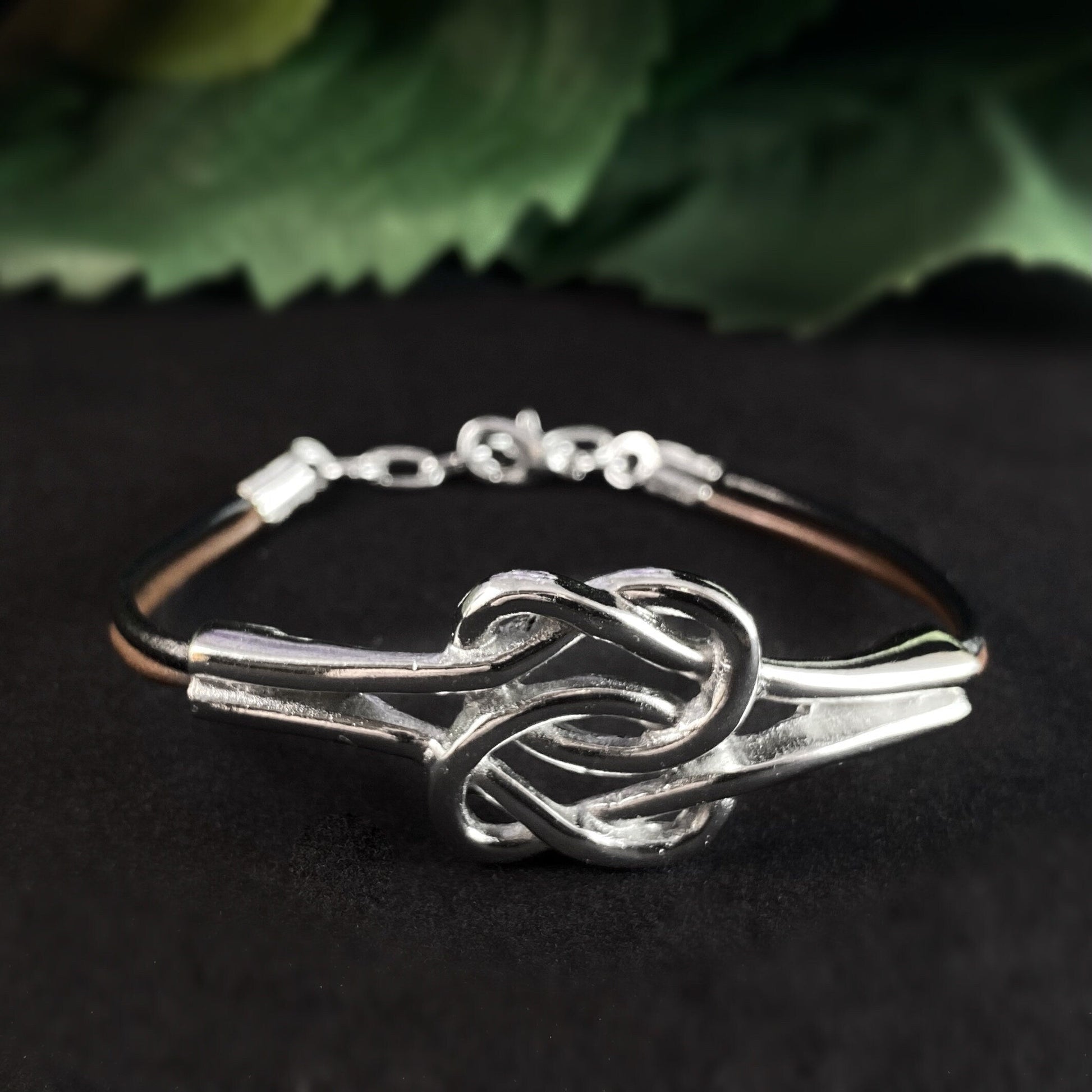 Silver Bracelet with Leather Cord, Handmade Nickel Free