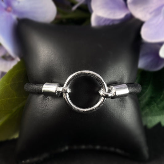 Silver Bracelet with Leather Cord, Handmade Nickel Free