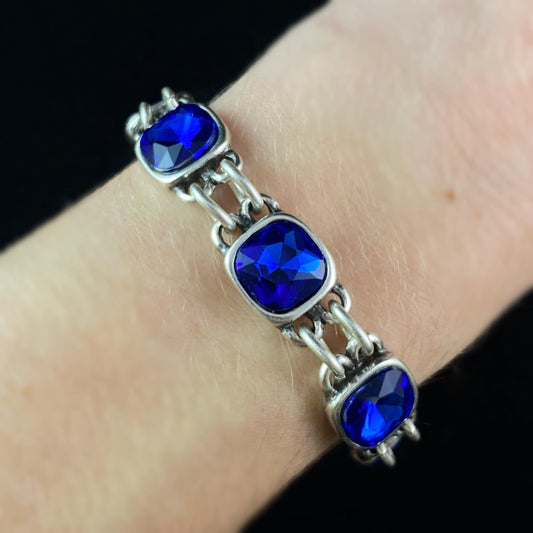Silver Chain Link Bracelet with Blue Crystals, Handmade, Nickel Free - Noir