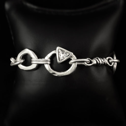 Silver Chain Link Bracelet with Clear Crystal Triangle Accent, Handmade, Nickel Free-Noir
