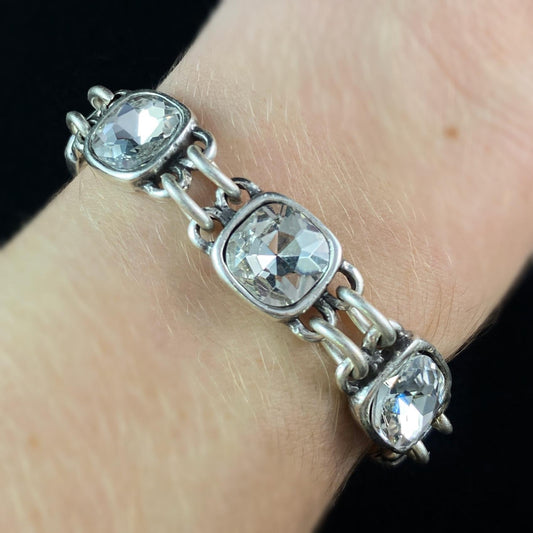 Silver Chain Link Bracelet with Clear Crystals, Handmade, Nickel Free - Noir