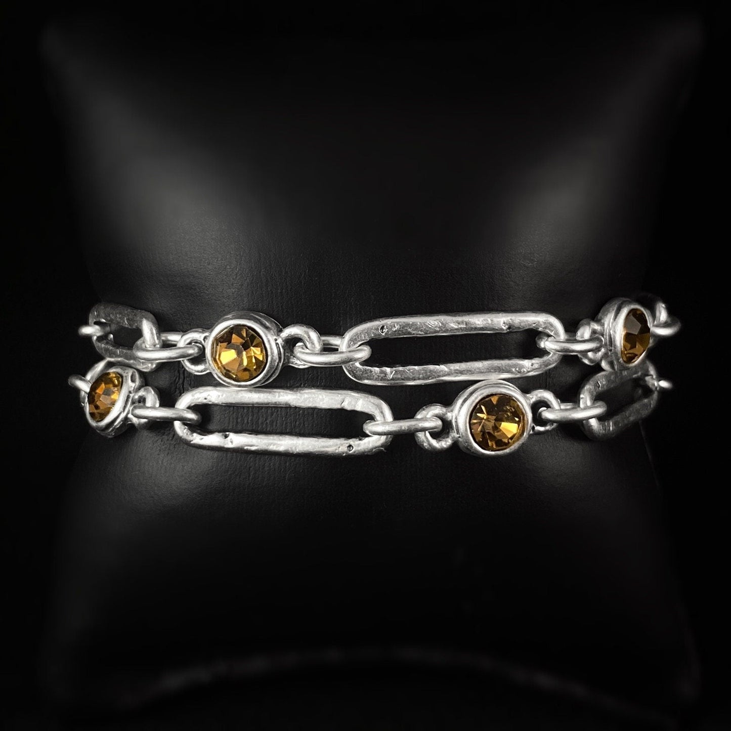 Silver Chain Link Bracelet with Yellow Crystal Accents and Toggle Closure, Handmade, Nickel Free - Noir