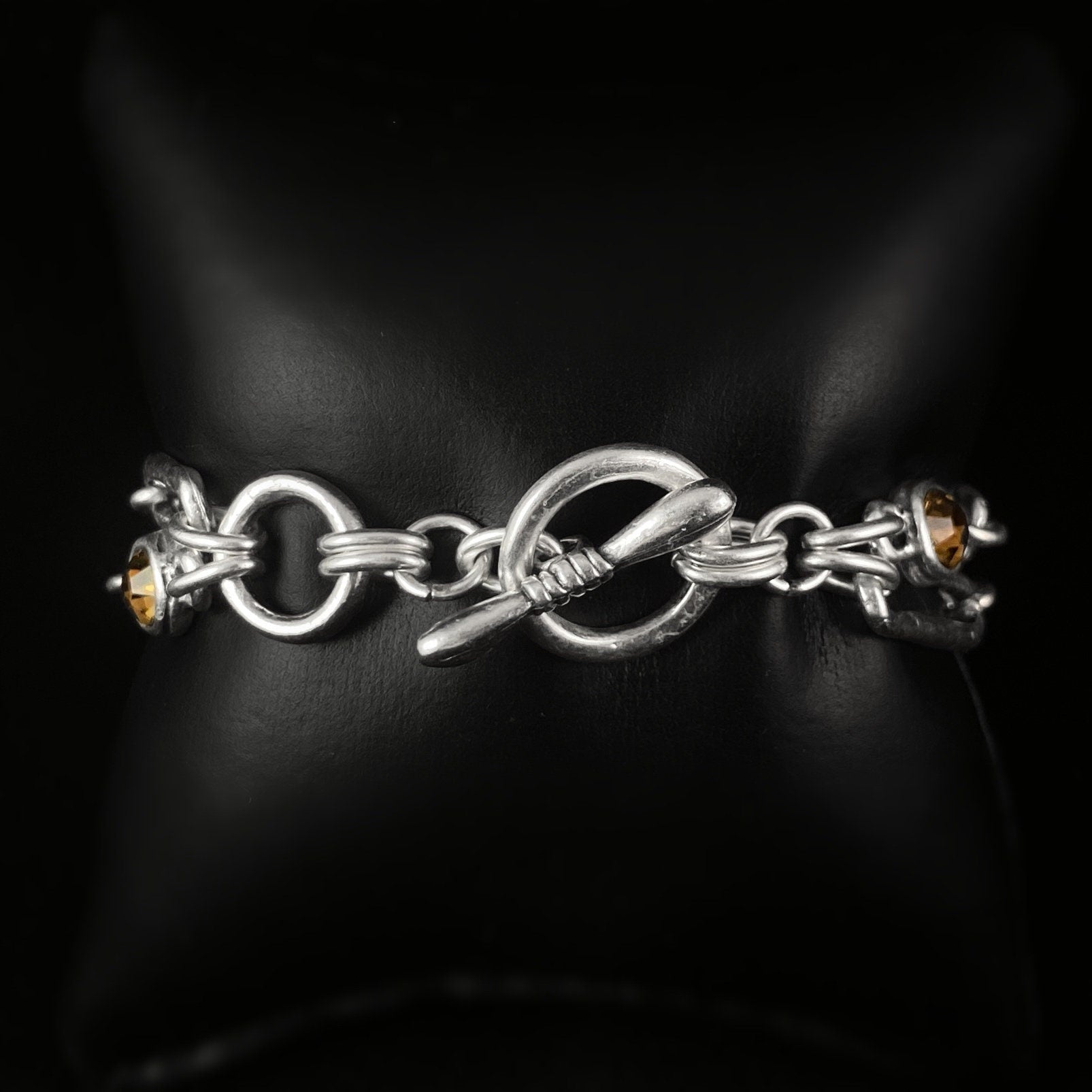 Silver Chain Link Bracelet with Yellow Crystal Accents and Toggle Closure, Handmade, Nickel Free - Noir