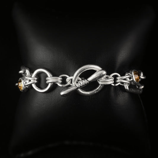 Silver Chain Link Bracelet with Yellow Crystal Accents and Toggle Closure, Handmade, Nickel Free - Noir
