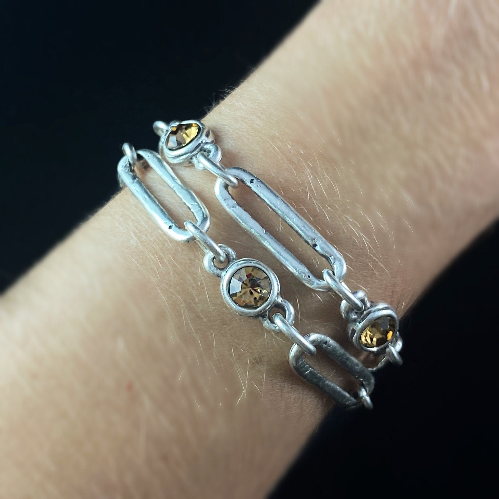 Silver Chain Link Bracelet with Yellow Crystal Accents and Toggle Closure, Handmade, Nickel Free - Noir