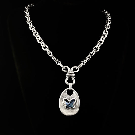 Silver Chain Link Necklace with Blue Crystal Butterfly Pendant, Handmade, Nickel Free-Noir