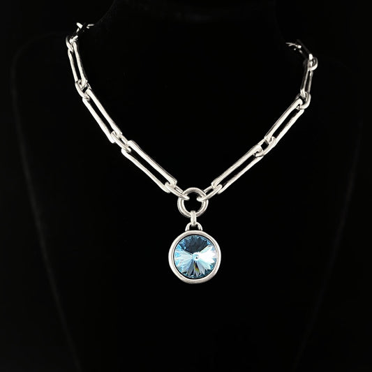 Silver Chain Link Necklace with Blue Crystal Circle Pendant, Handmade, Nickel Free - Noir