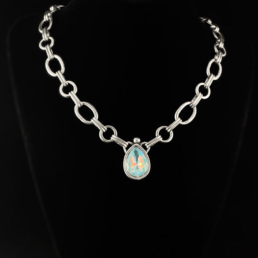 Silver Chain Link Necklace with Blue Opal Pendant, Handmade, Nickel Free - Noir