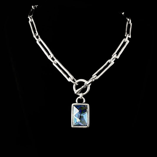 Silver Chain Link Necklace with Blue Rectangle Crystal Pendant and Toggle Closure, Handmade, Nickel Free-Noir