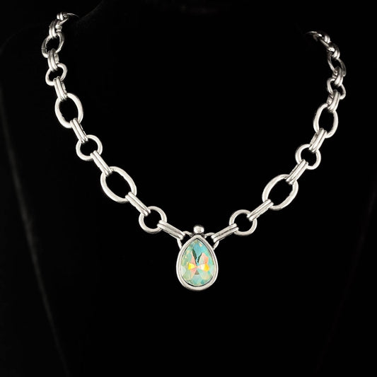Silver Chain Link Necklace with Green Opal Pendant, Handmade, Nickel Free - Noir
