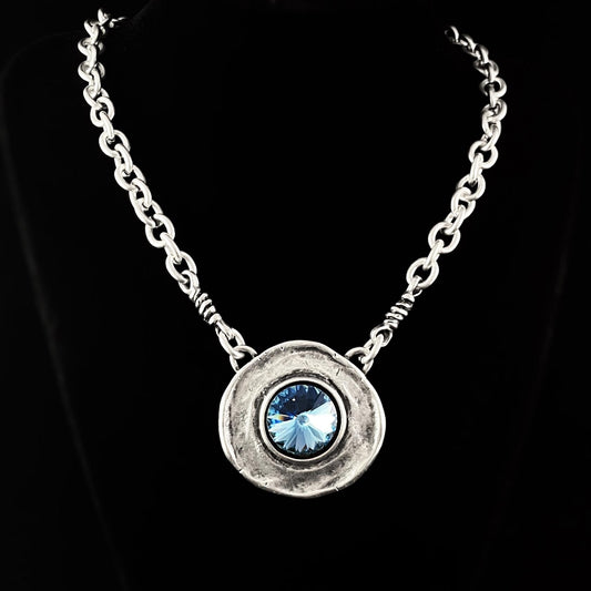 Silver Chain Link Necklace with Large Blue Crystal Medallion Pendant, Handmade, Nickel Free - Noir