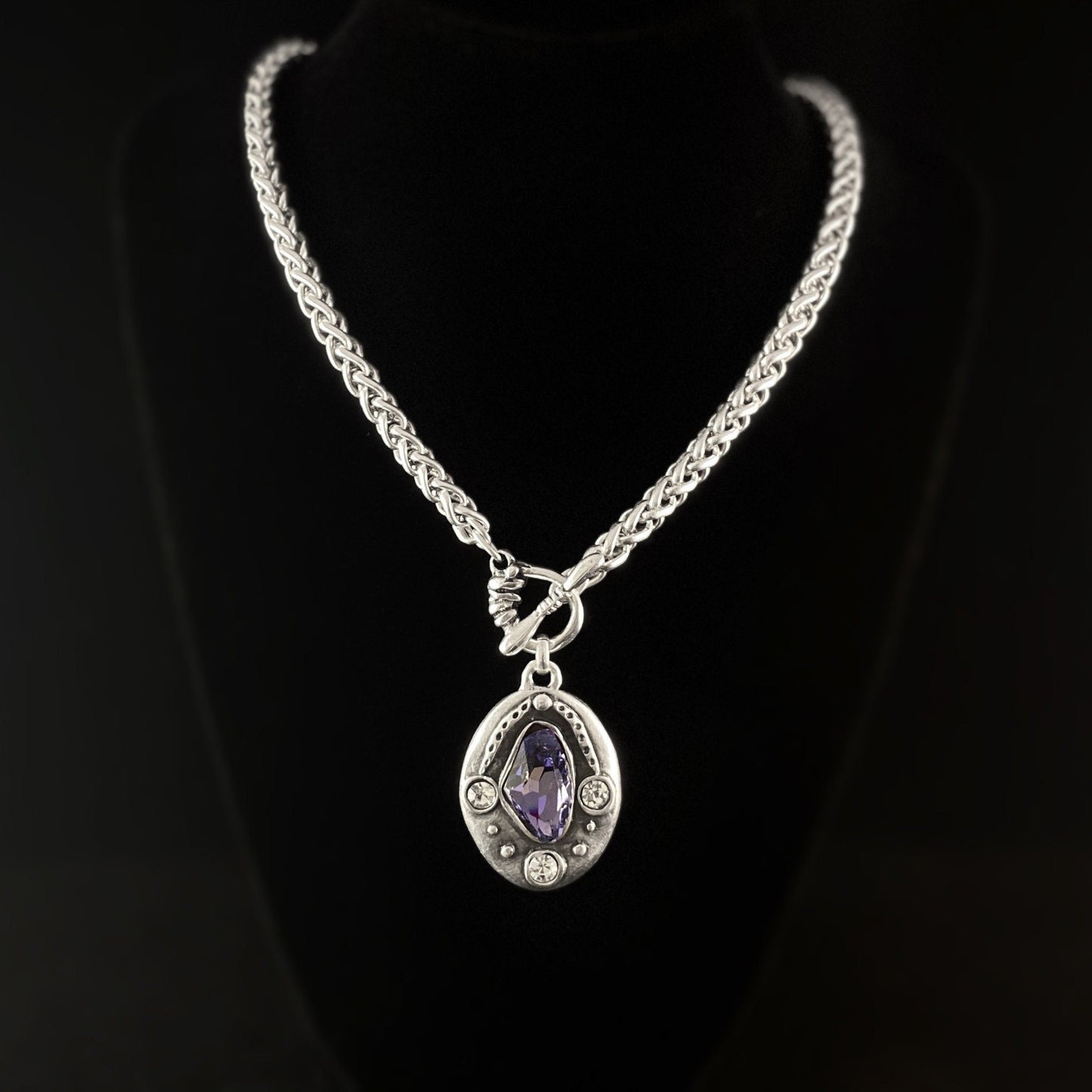 Silver Chain Necklace with Blue Crystal Pendant and White Crystal Accents, Handmade, Nickel Free