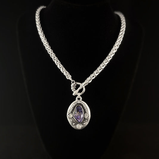 Silver Chain Necklace with Blue Crystal Pendant and White Crystal Accents, Handmade, Nickel Free