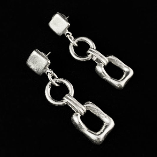 Silver Circle and Rectangle Drop Earrings, Handmade, Nickel Free - Noir