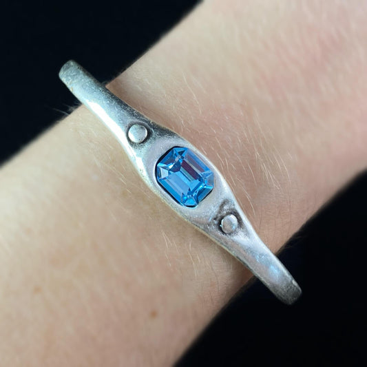 Silver Cuff Bracelet with Blue Crystal, Handmade, Nickel Free-Noir