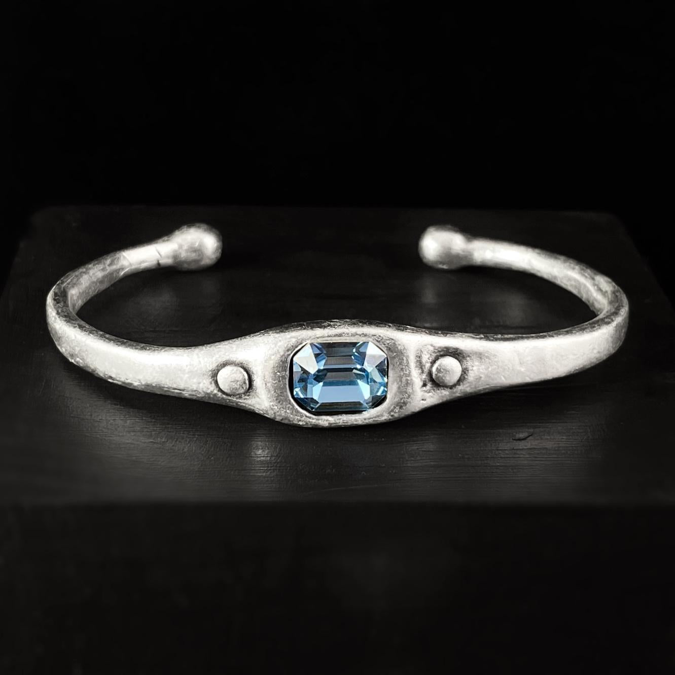 Silver Cuff Bracelet with Blue Crystal, Handmade, Nickel Free-Noir