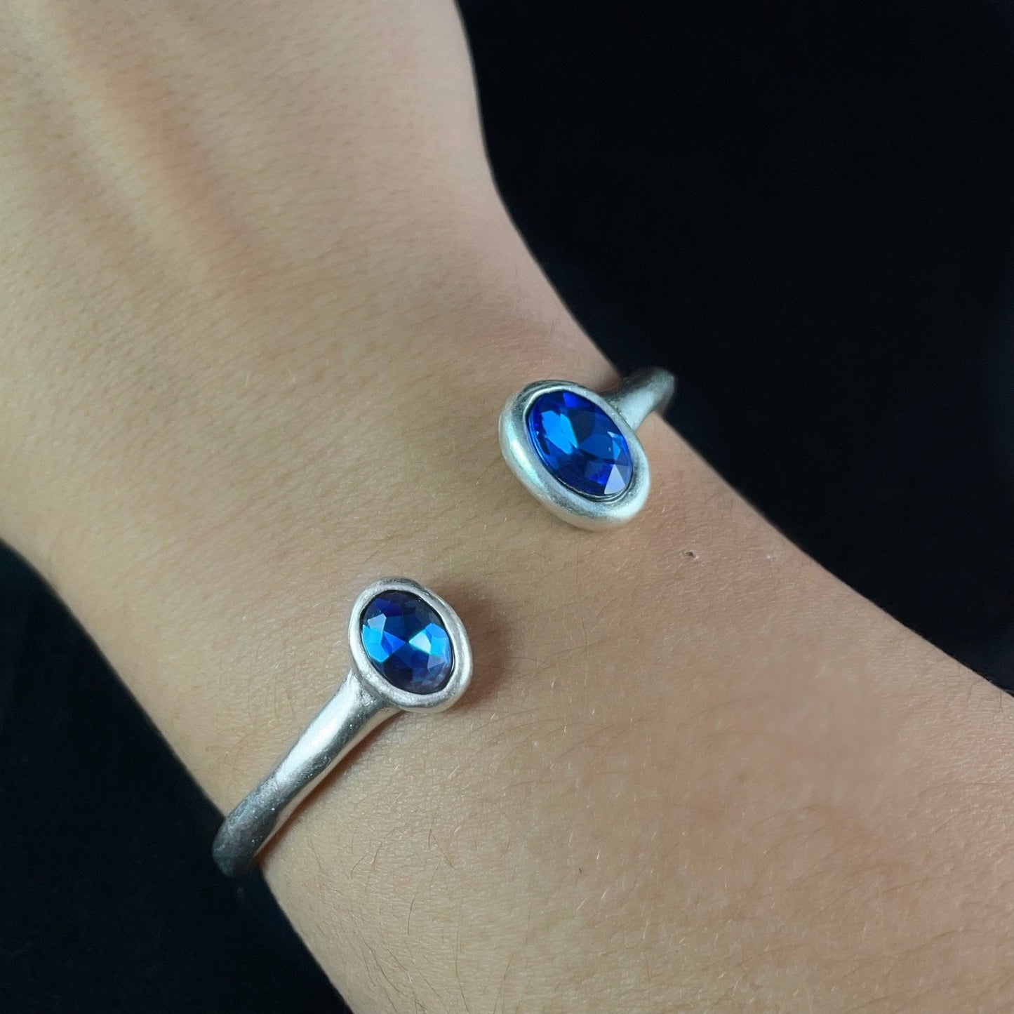 Silver Cuff Bracelet with Blue Crystals, Handmade, Nickel Free