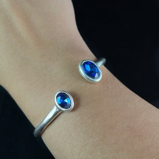Silver Cuff Bracelet with Blue Crystals, Handmade, Nickel Free