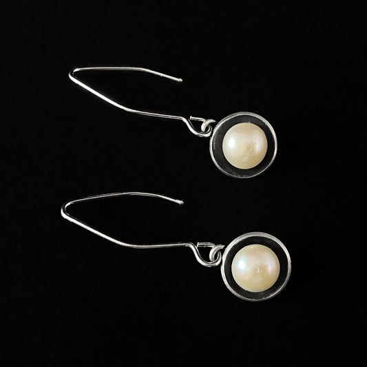 Silver Disc Earrings with Pearls, Handmade - Recycled Materials
