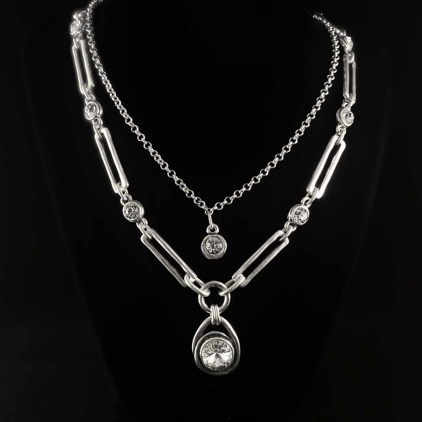 Silver Double Strand Necklace with Clear Crystals, Handmade, Nickel Free