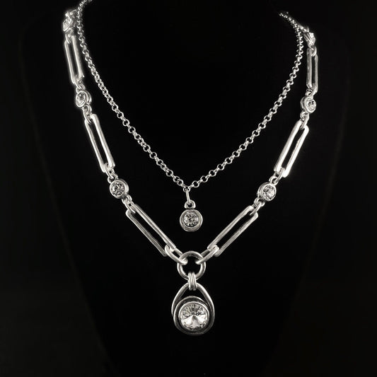 Silver Double Strand Necklace with Clear Crystals, Handmade, Nickel Free