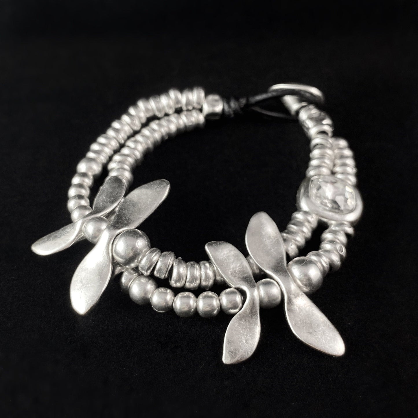 Silver Dragonfly Bracelet with Crystal Detailing and Leather Closure, Handmade, Nickel Free