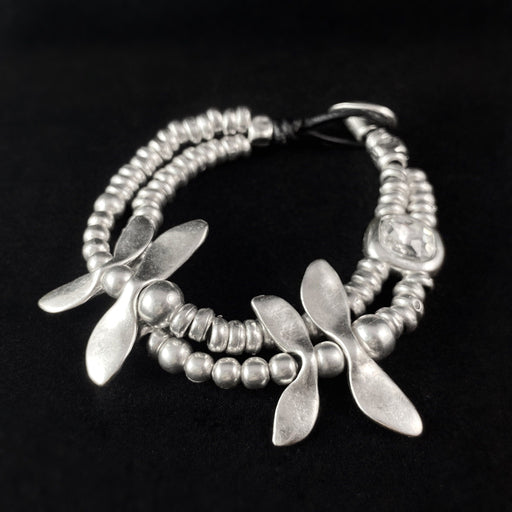 Silver Dragonfly Bracelet with Crystal Detailing and Leather Closure, Handmade, Nickel Free