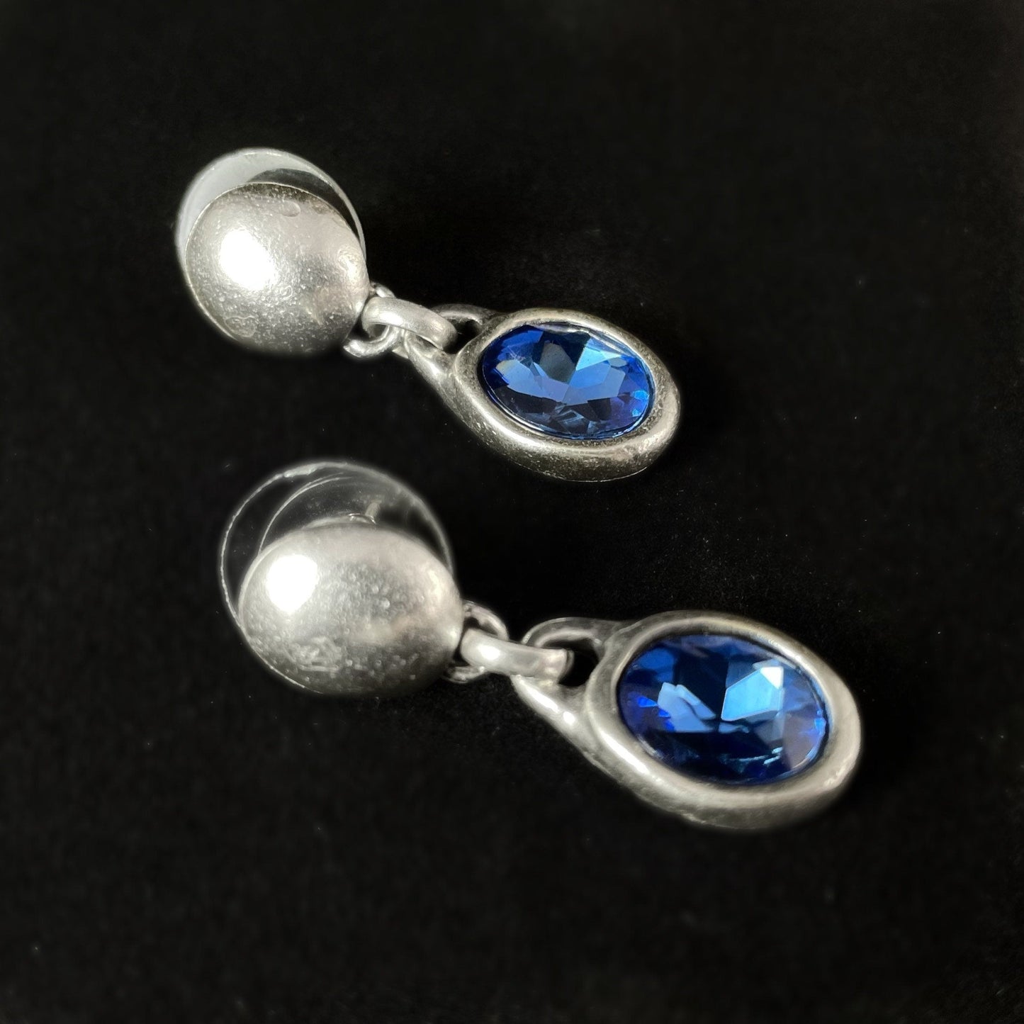 Silver Drop Earrings with Blue Crystal, Handmade, Nickel Free