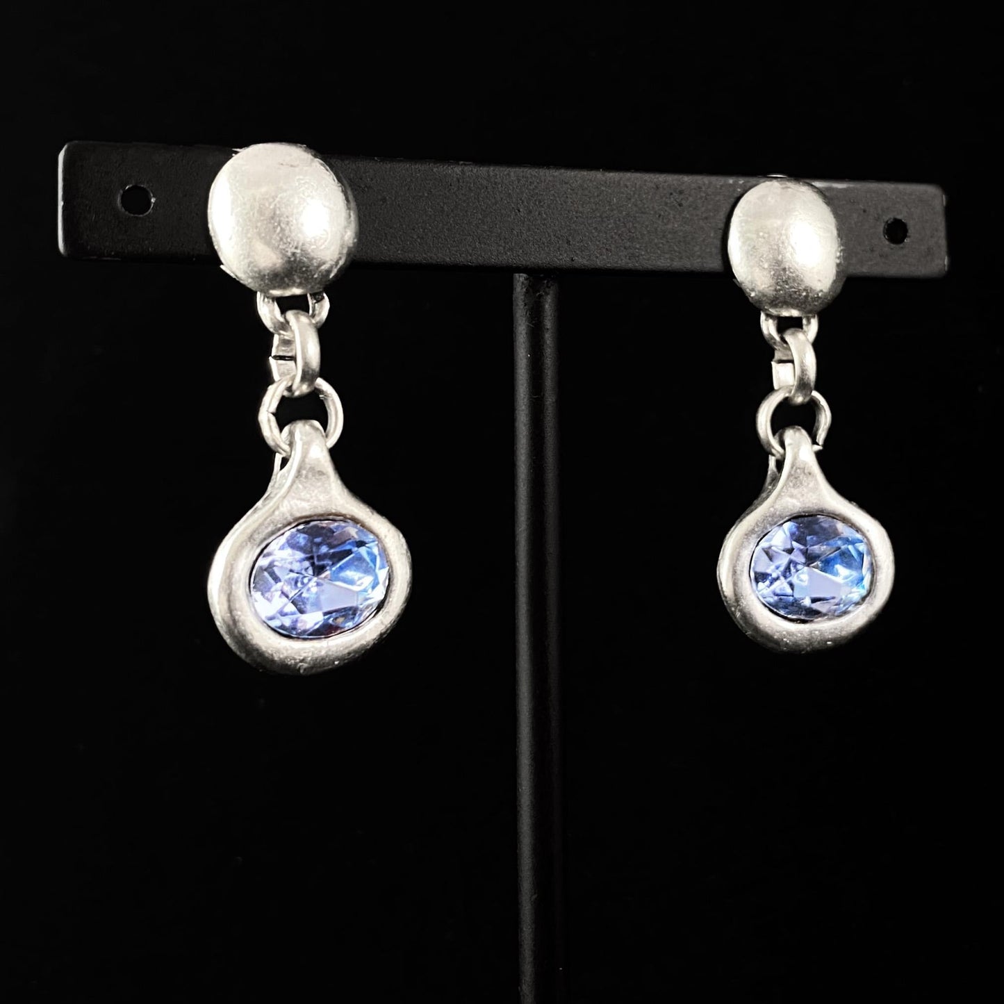 Silver Drop Earrings with Blue Crystal, Handmade, Nickel Free - Noir